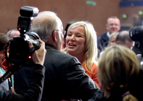 Michelle O'Neill congratulates Francie Molly on winning Mid Ulster
