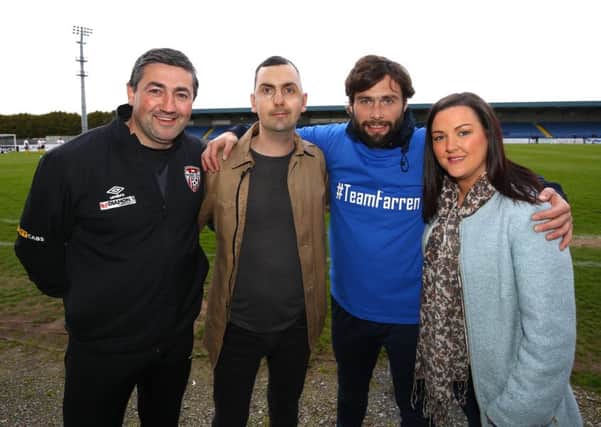 Mark Farren and his wife Terri-Louise with Peter Hutton and Gary Hamilton before the Glenavon and Derry City select fundraising match at Mourneview Park. The former Derry City and Glenavon striker is battling an aggressive brain tumour and is hopeful treatment in Germany could aid that fight. Picture by William Cherry/Presseye