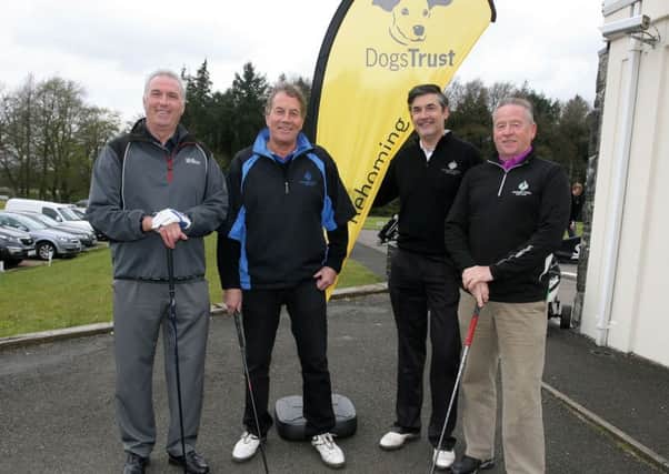 Stephen Logan, Aiden McNeill, David McIlroy and James Mairs taking part in the Dogs Trust competition at Galgorm Castle Golf Club. INBT19-212AC