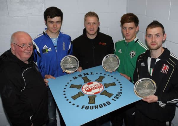 Brian Montgomery (BSML Secretary) and Donal Crawford of Firmus Energy (sponsor), are pictured with the Ballymena Saturday Morning League players of the month for April. Included are Peter Gillespie (Cloughmills FC Division 2), Gordon Dillon (All Saints Division 1) and Ciaran O'Boyle (Wakehurst Star Division 3). INBT20-227AC