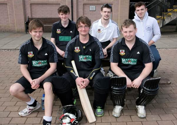 Ballymena cricketers (seated from left) Michael Taylor, Fergus Taylor, William Montgomery, (back row from left) Sam Glass, Matthew Purse and James McClean watch their side bat against Ardmore. INBT20-240AC