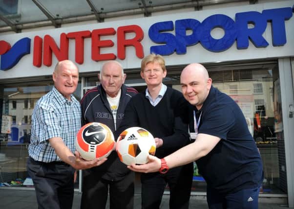 Pictured at the official launch of the 2015 McConnell's Intersport Street League were Dessie Blair (Referee Secretary), Harry Patterson (Street League Chairman), John McConnell and Gerard McSloy (Store Manager).