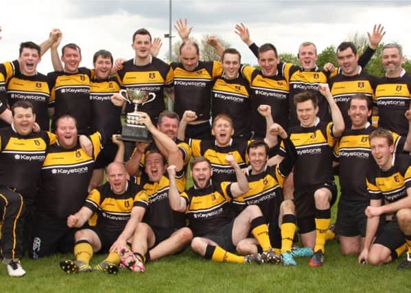 Cookstown Rugby Club celebrate their win. Pic: Daron Patterson.