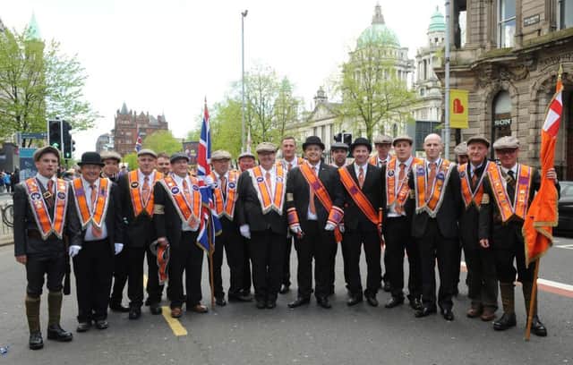 Members of Woodburn Ebenezer LOL 787 at the parade to mark the march past of Belfast City Hall by the 36th (Ulster) Division in May 1915. INCT 19-790-CON