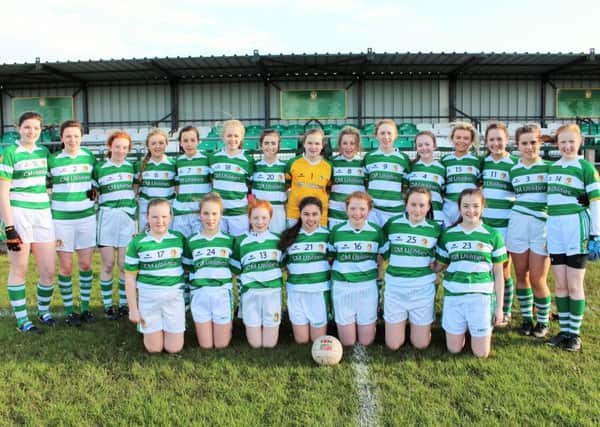 Sarsfields ladies' under 16s before Monday's league match against Granemore. Back row, from left, are Leah McCorry, Jane Dunbar, Anna Lennon, Alicia McGibbon, Caoimhe Phillips, Alina Stevenson, Colleen Austin, Grace Lavelle, Michaela Doyle, Elisha Donnelly, Kathryn Hamill, Victoria McGeown, Niamh McAliskey, Lauren Caughey, Orla McAlinden.
Front row, from left, are Megan Farren, Sophie Caughey, Olivia Lennon, Aoife Shanks, Rachel McAlinden, Maria Donnelly, Niamh Haughian.INLM20-140