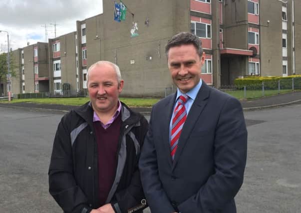 DUP MLA Paul Frew and local Councillor Reuben Glover at Barra drive Ballykeel 1. (Submitted Picture).