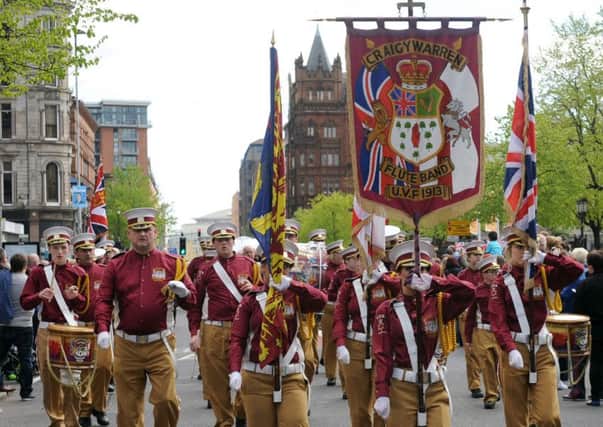 Craigywarren Flute Band, Ballymena pictured on parade past Belfast City Hall on Saturday 9th March at the Unionist Centenary Committee parade to mark the march past of Belfast City Hall by the 36th (Ulster) Division in May 1915.