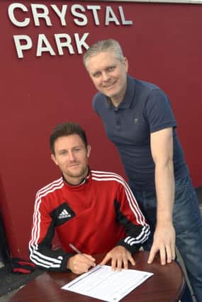 Banbridge Town FC Manager Ryan Watson with Ryan 'Pixie' Moffatt, ex Loughgall, Ards and Banbridge Town, who has signed for the Town for next season. INBL1520-204EB