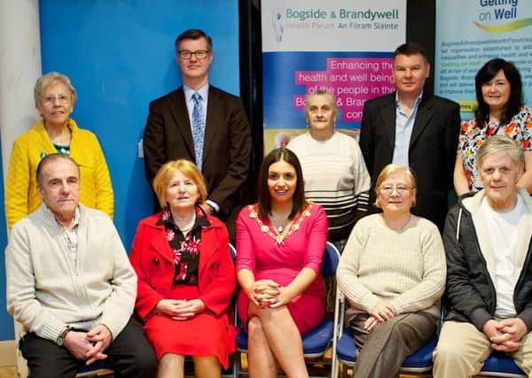 Mayor Elisha McCallion at the launch of "Older People Connected" held in the Gasyard Centre, with, on left, Pat Morrison, Carmel Brown, and, on right, Danny and Rose Sheerin. Standing, from left, are Bernadette Morrison, Vincent Ryan, Western Trust, Brigid McColgan, Tommy Carlin, manager B&BHF "Getting On Well Project", and Michelle McKinley, Western Trust.  (Photo - Tom Heaney, nwpresspics)