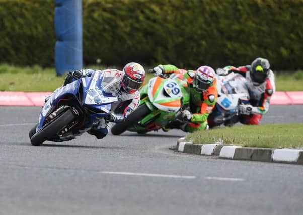 Alastair Seeley leads Glenn Irwin and Bruce Anstey in the Supersport race at the North West 200 on Thursday evening