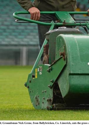 29 August 2014; Groundsman Nick Grene, from Ballybricken, Co. Limerick, cuts the grass ahead of the GAA Football All-Ireland Senior Championship Semi-Final Replay between Kerry and Mayo. Gaelic Grounds, Limerick. Picture credit: Diarmuid Greene / SPORTSFILE