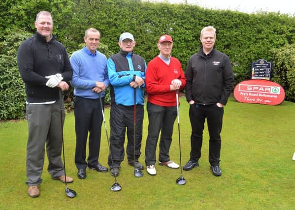 On the first tee at Ballymena Golf Club for the Fry's Road Spar sponsored competition were Cormac McQuillan, Gerry McLarnon, C. O'Neill, Sean McKillop and Eugene McKillop, Fry's Road Spar. INBT 20-804H