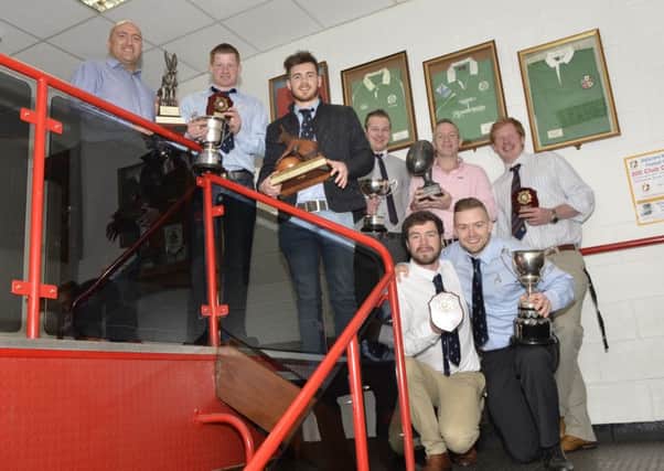 Ballyclare RFC award winners: (standing, L-R) Stephen Crawford, Gary Weatherup, Michael Kirk, Jack Goudy, John Wasson, Ian Heaney, (kneeling) Paul Robinson and Robert Smith. INLT 21-928-CON