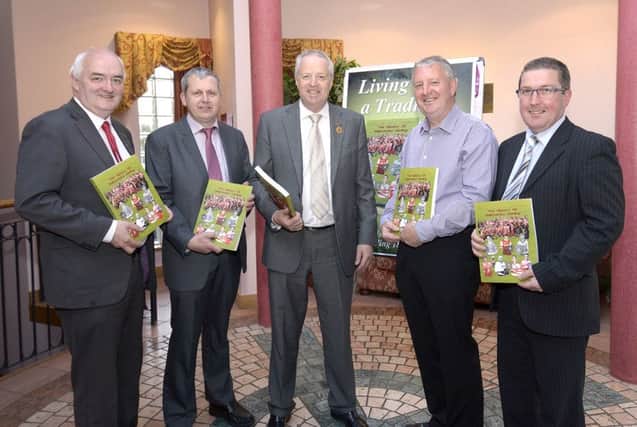 Author Gerard O'Neill, pictured at the launch of "Living Up To A Tradition" - The History Of Ballyvarley Hurling with guests Ulster Council Chairman Martin McAviney, Down County Board Chairman Sean Rooney, South Down Chairman Donal McNally and Down County Board Secretary Sean Og McAteer ©Edward Byrne Photography INBL1520-243EB