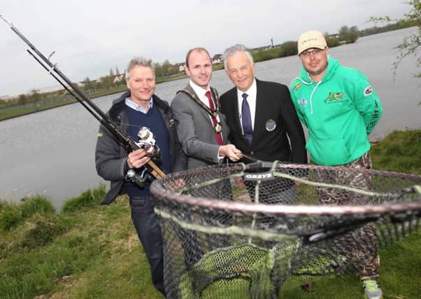 Craigavon Lakes will host angling's World Championships across Saturday and Sunday. From left are Mark Theedom (international float team manager Ireland), the Lord Mayor Councillor Darryn Causby, Oliver McGauley (president of National Coarse Fishing Federation of Ireland) and Loughgall's Lindsay McFadden (Team Ireland).