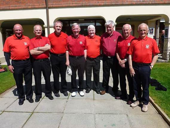 The Banbridge veterans team which played Silverwood in the opening round of the Des Gregg Memorial Cup.
(l to r)  Brian Mulholland (capt), Bobby Geddis, Seamus McGrath, Peter Hillen, Dennis Lockhart, P.J. Johnson, Sydney Pepper, Tom Fee.