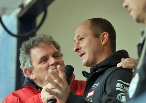 PACEMAKER, BELFAST, 15/5/2015: Adrian Logan interviews Didier Grams at the 2015 Vauxhall International North West 200 Meet the Riders event in Coleraine town centre today.
PICTURE BY STEPHEN DAVISON