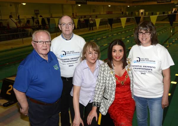 The Mayor, Councillor Elisha McCallion pictured during her visit to the National Swimming Championships held by the Irish Down Syndrome Sporting Organisation in the City Baths on Sunday. Included are, from left, Seamus McAnee, Secretary of the City of Derry Swimming Club, Gerry Craig, event organiser, Margaret Carroll, Irish Down Syndrome Sporting Organisation, and Angela Thompson, Foyle Down Syndrome Trust. DER2015-131KM