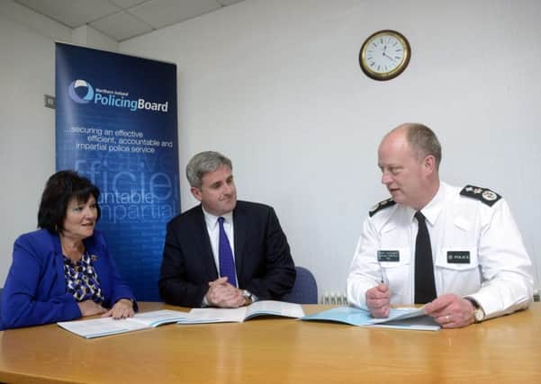 The Director General of the NCA, Mr Keith Bristow with Policing Board Chair Anne Connolly and Chief Constable George Hamilton
