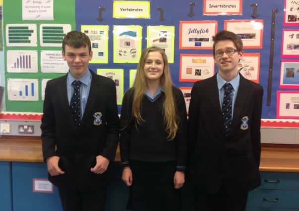 St Louis pupils who achieved UK Biology Challenge Success -  Owen Dempster, Catriona McCrory & David Byrne. (Submitted picture).