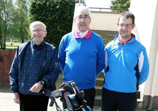Vincie Greenwood, Brian Russell and Stephen Russell hoped for a good round at Ballymena Golf Club in the McQuillan memorial competition. INBT 21-903H