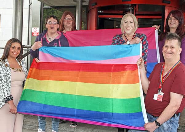 The Mayor Councillor Elisha McCallion, pictured with members of AFFRIM, NI, at the council offices for the launch of the International Day against Homophobia, Bi-phobia, Inter-sex & Tran-phobia (IDAHOBIT). 2115-7439MT.
