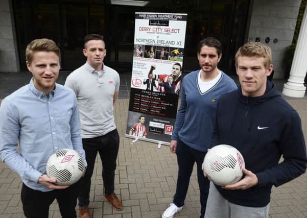 Pictured launching the Derry City Select vs Northern Ireland XI match which takes place at the Brandywell Stadium this Saturday to raise funds for the Mark Farren Treatment Fund were, from left, Eunan O'Kane, Kevin McHugh, Ruaidhri Higgins and James McClean. INLS2115-101KM