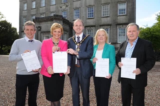 Launching the Junior Sports Awards are (l-r) Michael Watt, Chairperson, Banbridge District Sports Association, Denise Watson, Mayor, Councillor Darryn Causby, Edith Jamison, Chairperson, Craigavon Sports Advisory Council and David Livingston, Chairperson, Armagh Sports Forum.