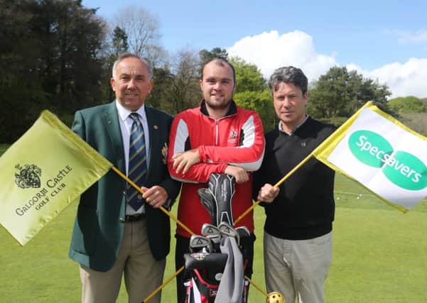 Captain of Galgorm Castle Golf Club Keith Dinsmore (left) club member and Irish International Jordan Hood (centre) are seen here with Steven Penney of Specsavers at last week's launch of the North of Ireland Amateur Strokepaly tournament which Specsavers are sponsoring for the sixth year in a row. The tournament will be held at Galgorm Castle on Tuesday 9th June. INBT 22-170CS