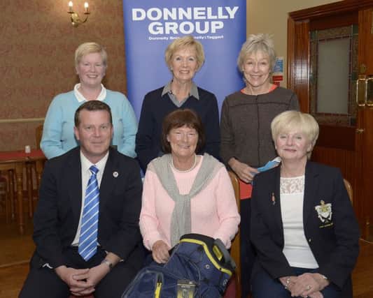 Sales Manager Martin McAleenan presented the prizes from the Donnelly Group Sponsored Competition to Marlene Nelson, Fionnuala Crossey, Carol Quinn and Mary Quinn, included is Lady Captain Lorna Poots ©Edward Byrne Photography INBL1521-207EB