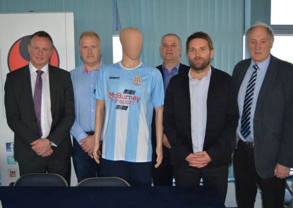 Pictured at the launch of the new Ballymena United kit are (from left): Michael O'Neill (Northern Ireland manager), Alan Francey (sponsor and BUFC Director), Brian Hutchinson (UhlSport, kit manufacturer), Chris Morgan (Club Sport NI, kit supplier) and John Taggart (BUFC Chairman).