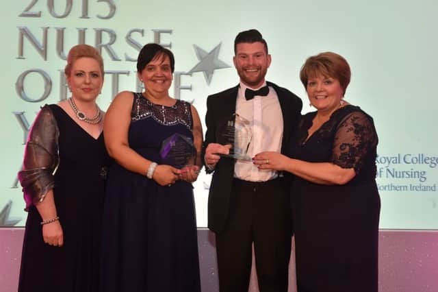 Pictured (L-R) are: Brenda McIlmurray, RCN, Karen Todd and Michael Moreland, winner of the Health Care Support Worker Award and Janice Smyth, Director of the RCN in Northern Ireland. (Submitted Picture)