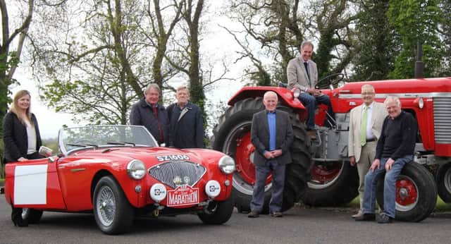 Organisers of the forthcoming vintage tractor and classic car road run at Loanends Presbyterian Church, Norman White, Robert Wallace and Jim White, are pictured with sponsors, Rod and Julie McDowell, The Eye Care Clinic, Templepatrick; Norman Erwin, Erwin Agri-Care Ltd, Nutt's Corner; and Noel Gibson, GNG Credit Ltd, Belfast. Picture: Julie Hazelton