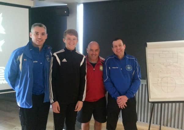 Northend Coaches Peter Kennedy and Jamie Pirie who completed their Coerver Youth Diploma at the weekend with Coerver's Austin Speight and Ollie Boyle.