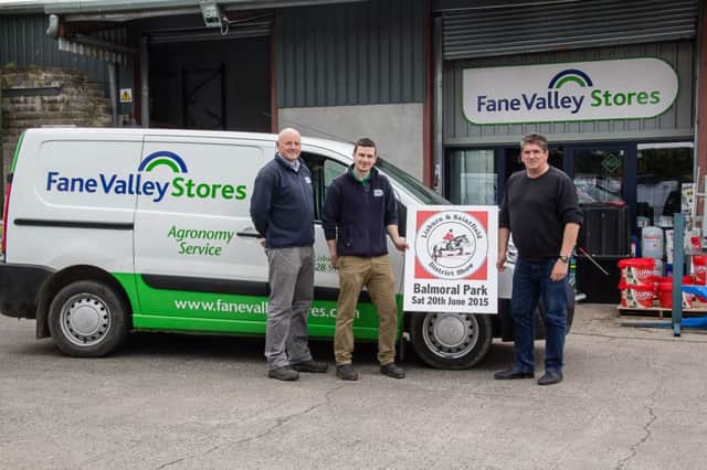 Chairman of this year's Lisburn and Saintfield District Show, Brian Hunter is pictured with Adrian Stevenson and Robin McMullan from the Lisbane store of show sponsors Fane Valley.