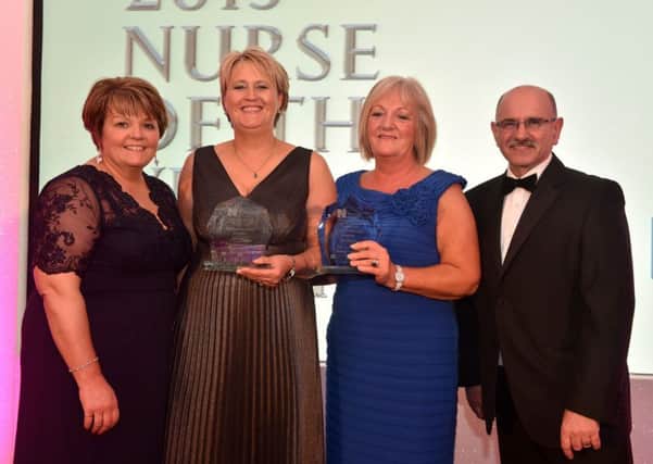 Pictured (L-R) are: Janice Smyth, Director of the RCN in Northern Ireland, Patricia Laverty and Ann Lywood, winners of the Public Health Award and Eddie Rooney, Public Health Agency.