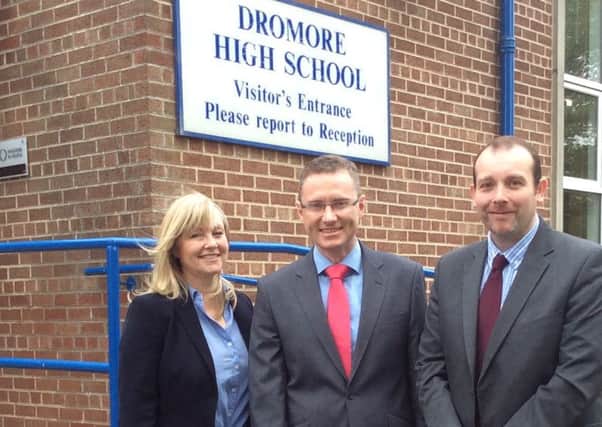 New Dromore High School principal Ian mcConaghy (centre) with Lagan Valley MLA Brenda Hale and Alderman Paul Rankin.