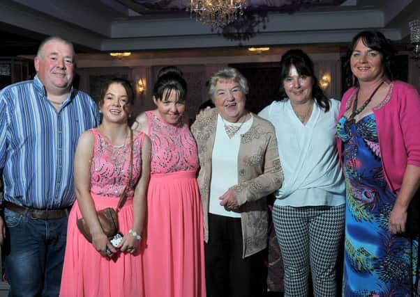 Lining up for the Mail camera at the Superstars Cookstown May Ball held in the Greenvale Hotel were Paul, Rachel, Aine, Mary, Theresa and Marian.INMM2115-351