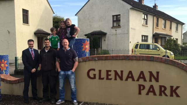 DUP Assemblyman Paul Frew pictured at Glenaan Park with concerned residents (top left) Theo Young, George Young and Emma Carson, and (bottom) Dean Young and Ricky Carson. (Submitted Picture).