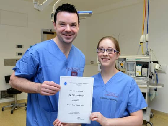 Dr Jill Cochrane, Staff Grade in Anaesthetics at Daisy Hill Hospital who came second place in the Dundee Medal competition organised by the Northern Ireland Society of Anaesthetists with her Project Supervisor Dr Aidan Cullen, Consultant Anaesthetist.