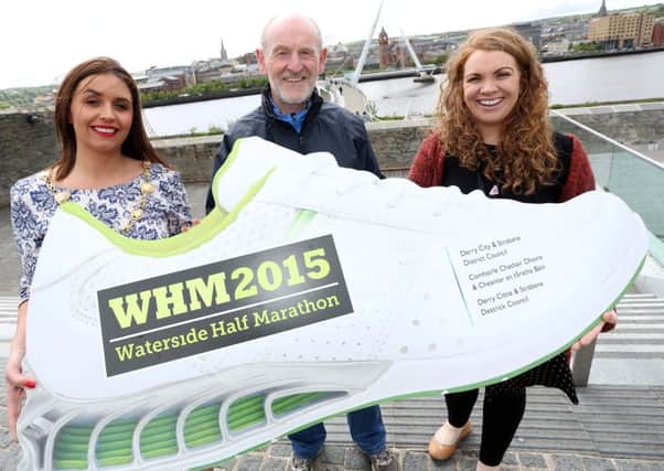 Mayor of Derry City and Strabane District Council, Cllr Elisha McCallion pictured at the launch of the Waterside Half Marathon 2015 along with Councils Festival and Events Manager, Karan Leonard and Gerry Lynch, Spartans Athletics Club.