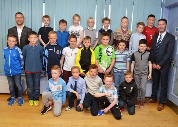 Ballymena Youth Academy 2006 age group players at their prize evening with Mo McDowell and Matthew Tipton. INBT 23-816H