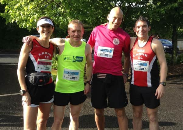 Heather Baxter, Andy Guy (pacer), Dominic Watt and David Noble at the Walled City marathon. INLT 23-936-CON