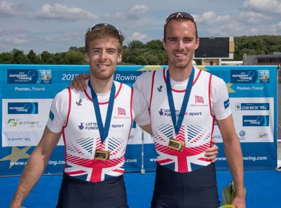 Gold Medalists Joel Cassells and Peter Chambers pictured at finals day at the FISA 2015 European Rowing Championships at Lake Malta in Poznan. [Mandatory Credit: Peter Spurrier/Intersport-images]