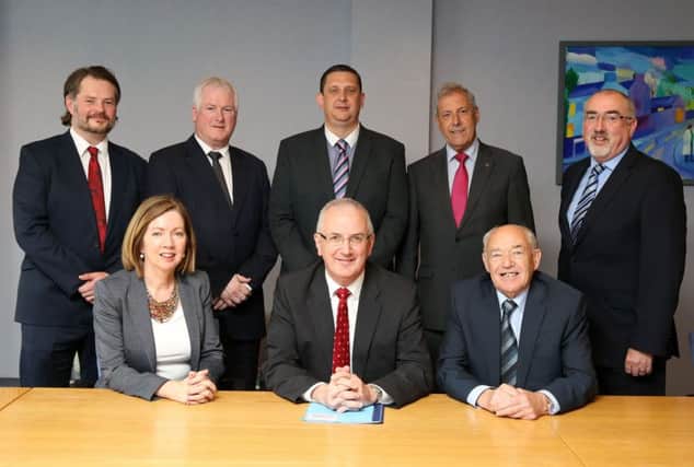 The Lisburn & Castlereagh City Council delegation (l-r) Paul McCormick; Assistant Director Economic Development; Alderman Henderson, Chair Planning Committee; Cllr Girvin, Vice Chair Planning Committee; Cllr Uel Mackin; Colin McClintock, Director; Dr Theresa Donaldson, Chief Executive, LCCC; Minister Danny Kennedy and Alderman Jim Dillon, Vice Chair Development Committee.  Picture by Darren Kidd / Press Eye.