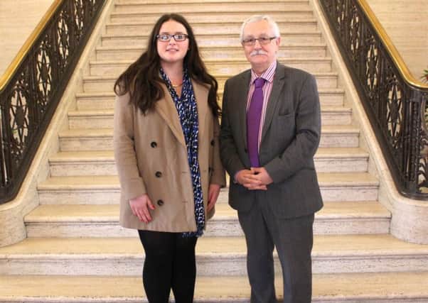 Sinn Fein MLA Oliver McMullan meets Jenny Ruddy, campaigns officer with Mencap, at Stormont today to discuss concerns over the provision of services for people with learning disabilities in East Antrim.  INLT 22-687-CON