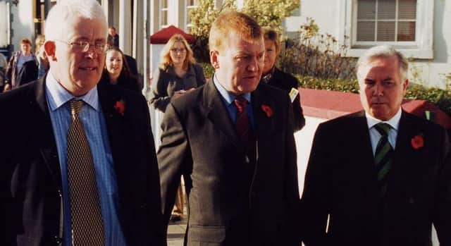 Former Liberal Democrats leader Charles Kennedy (centre) with Stewart Dickson (left) and Sean Neeson on a visit to Carrick. INCT 23-703-CON