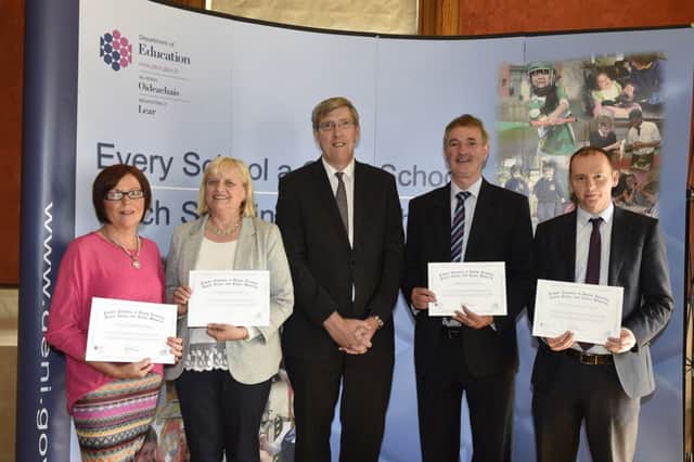 Pictured with Education Minister John O'Dowd are principals from Glenravel Community Pre-school, Broughshane Primary school, Ballymena Primary School and St Patricks Primary School Rasharkin. (Submitted Picture).