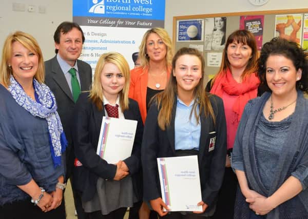 Lisneal College pupils Courtney Brace and Rebecca Hetherington pictured with their awards and are joined by their teacchers Susan Wilson and Lorraine Loughrey, and NWRC Principal Leo Murphy, and NWRC Lecturers Audrey Cassidy O'Doherty, and Noelle Boyle,