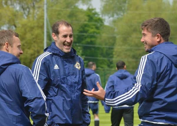 Harry Kewell and Gary Haveron share a laugh at IFA Coaching Week in Belfast. INLT 24-901-CON Photo: Bill Guiller